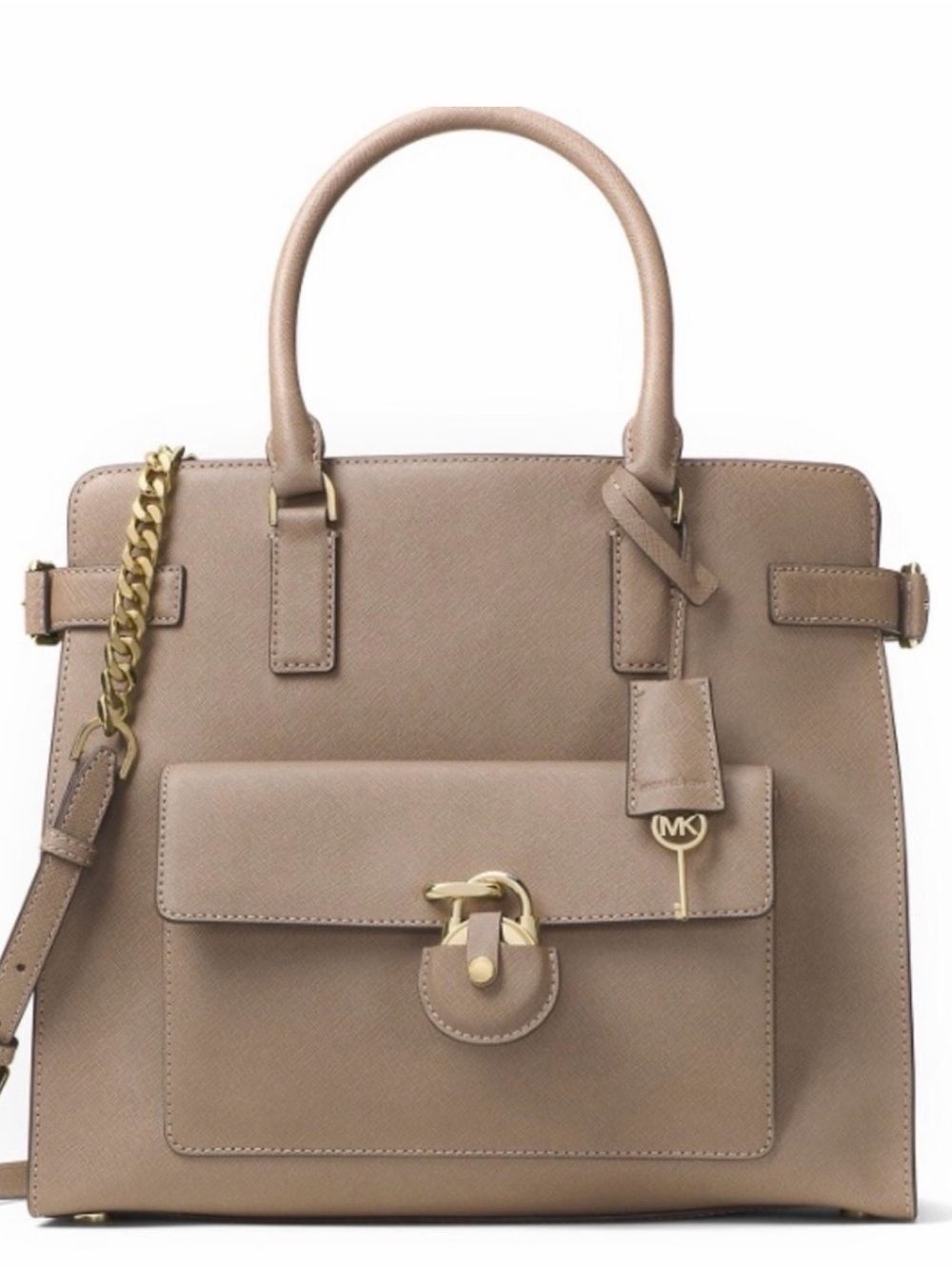 Michael Kors Beige Taupe Saffiano Leather Satchel with Gold Hardware